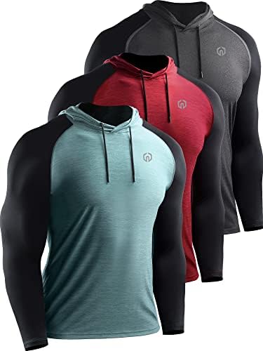 NELEUS Men's Running Shirt Long Sleeve Workout Shirts with Hoods, 3 Pack, Dark Grey/Light Green/Red, Medium