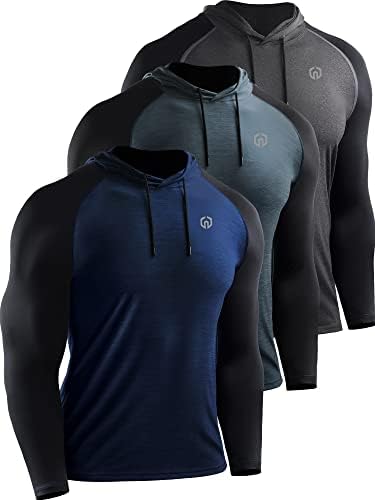NELEUS Men's Running Shirt Long Sleeve Workout Shirts with Hoods, 3 Pack, Dark Grey/Slate Grey/Navy Blue, Large