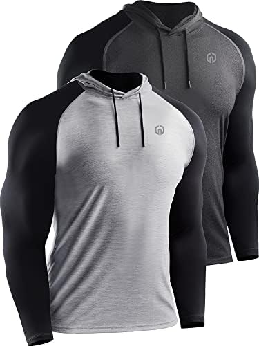NELEUS Men's Running Shirt Long Sleeve Workout Shirts with Hoods, 2 Pack, Dark Grey/White