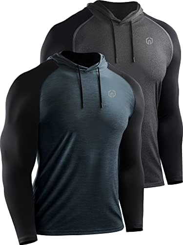 NELEUS Men's Running Shirt Long Sleeve Workout Shirts with Hoods, 2 Pack, Dark Grey/Slate Grey