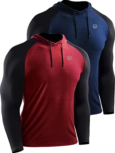 NELEUS Men's Running Shirt Long Sleeve Workout Shirts with Hoods, 2 Pack, Red/Navy Blue