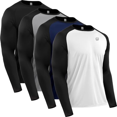 NELEUS Men's Running Shirt Long Sleeve Workout Shirts, 4 Pack, Black/Grey/Navy Blue/White