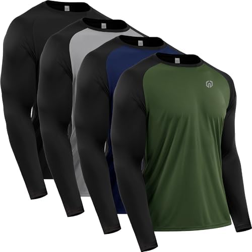 NELEUS Men's Running Shirt Long Sleeve Workout Shirts, 4 Pack, Black/Grey/Navy Blue/Green