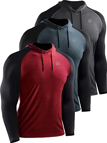 NELEUS Men's Running Shirt Long Sleeve Workout Shirts with Hoods, 3 Pack, Dark Grey/Slate Grey/Red, Large