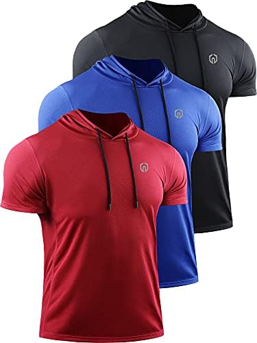 NELEUS Men's Running Shirt Mesh Workout Athletic Shirts with Hoods, 3 Pack, Black/Blue/Red