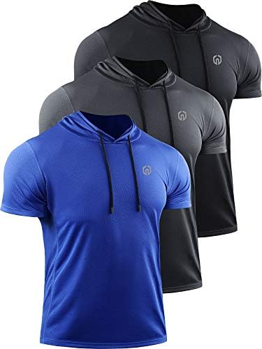 NELEUS Men's Running Shirt Mesh Workout Athletic Shirts with Hoods, 3 Pack, Black/Grey/Blue