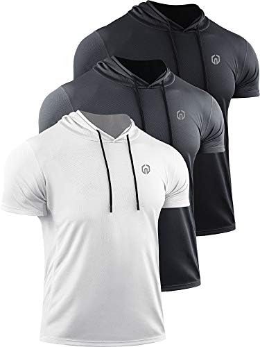 NELEUS Men's Running Shirt Mesh Workout Athletic Shirts with Hoods, 3 Pack, Black/Grey/White