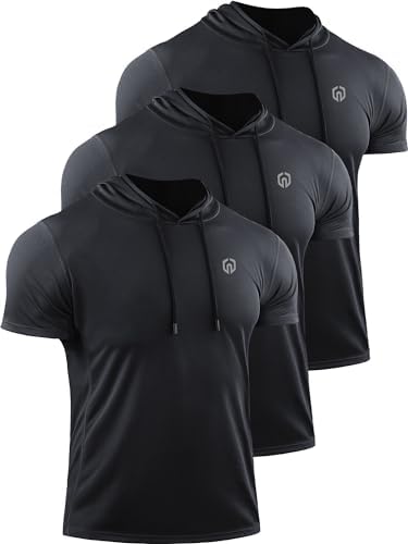 NELEUS Men's Running Shirt Mesh Workout Athletic Shirts with Hoods, 3 Pack, Black/Black/Black