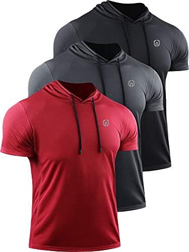 NELEUS Men's Running Shirt Mesh Workout Athletic Shirts with Hoods, 3 Pack, Black/Grey/Red