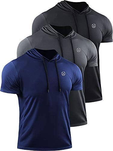 NELEUS Men's Running Shirt Mesh Workout Athletic Shirts with Hoods, 3 Pack, Black/Grey/Navy Blue