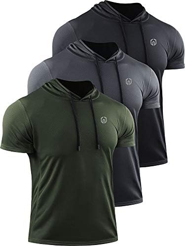 NELEUS Men's Running Shirt Mesh Workout Athletic Shirts with Hoods, 3 Pack, Black/Grey/Olive Green