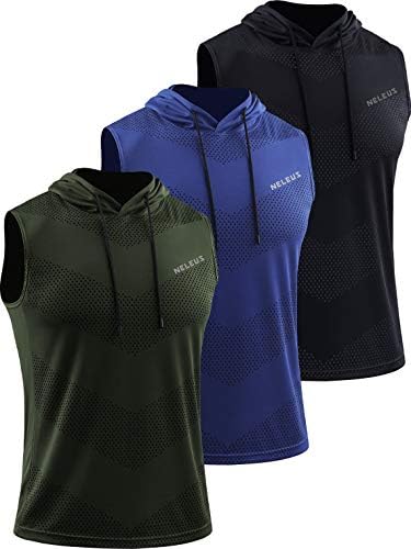 NELEUS Men's Workout Tank Tops Sleeveless Running Shirts with Hoodie, 3 Pack, Black/Olive Green/Blue