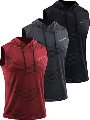 NELEUS Men's Workout Tank Tops Sleeveless Running Shirts with Hoodie, 3 Pack, Black/Grey/Red