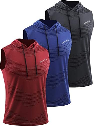 NELEUS Men's Workout Tank Tops Sleeveless Running Shirts with Hoodie, 3 Pack, Grey/Blue/Red