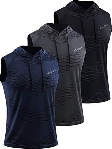 NELEUS Men's Workout Tank Tops Sleeveless Running Shirts with Hoodie, 3 Pack, Black/Grey/Navy Blue