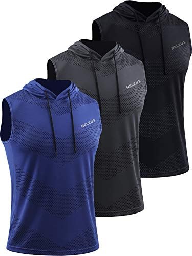 NELEUS Men's Workout Tank Tops Sleeveless Running Shirts with Hoodie, 3 Pack, Black/Grey/Blue