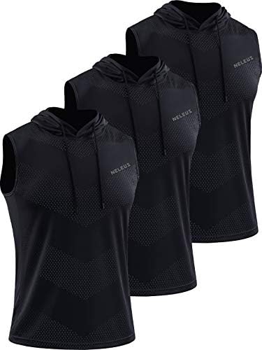 NELEUS Men's Workout Tank Tops Sleeveless Running Shirts with Hoodie, 3 Pack, Black/Black/Black