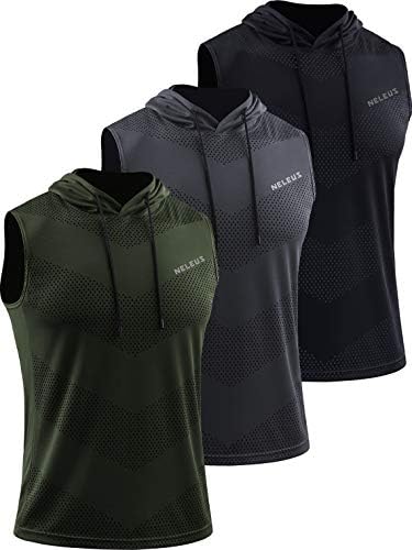 NELEUS Men's Workout Tank Tops Sleeveless Running Shirts with Hoodie, 3 Pack, Black/Grey/Olive Green