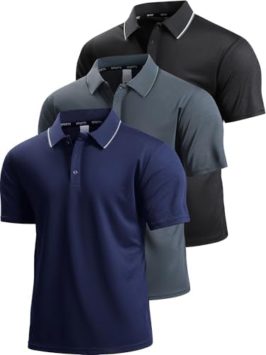 NELEUS Mens Polo Shirts Quick Dry Short Sleeve Golf T Shirt Performance Moisture Wicking Casual Workout, Black+Grey+Navy Blue