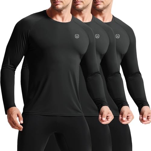 NELEUS Sun Protection Athletic Shirt Long Sleeve Finishing Workout Running Shirts with Hoods, Black/Black/Black, 3 Pack