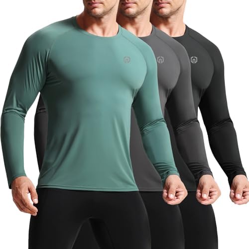 NELEUS Sun Protection Athletic Shirt Long Sleeve Finishing Workout Running Shirts with Hoods, Black/Grey/Blackish Green, 3 Pack