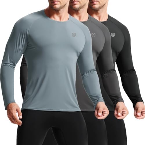 NELEUS Sun Protection Athletic Shirt Long Sleeve Finishing Workout Running Shirts with Hoods, Black/Grey/Baby Blue, 3 Pack