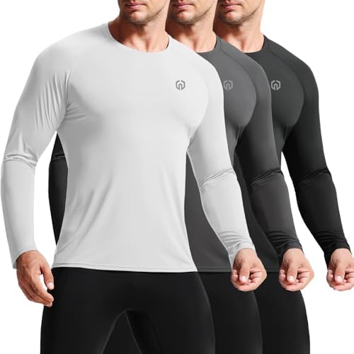 NELEUS Sun Protection Athletic Shirt Long Sleeve Finishing Workout Running Shirts with Hoods, Black/Grey/White, 3 Pack