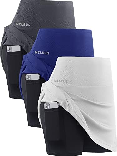 NELEUS Women's 2 in 1 Tennis Skirts with Pockets High Waisted Athletic Running Shorts Golf Skirt, White/Grey/Blue, 3 Pack
