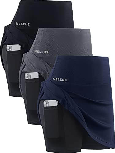 NELEUS Women's 2 in 1 Tennis Skirts with Pockets High Waisted Athletic Running Shorts Golf Skirt, Black/Grey/Navy Blue, 3 Pack