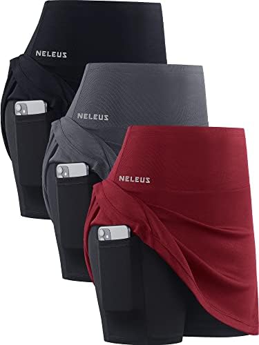 NELEUS Women's 2 in 1 Tennis Skirts with Pockets High Waisted Athletic Running Shorts Golf Skirt, Black/Grey/red, 3 Pack