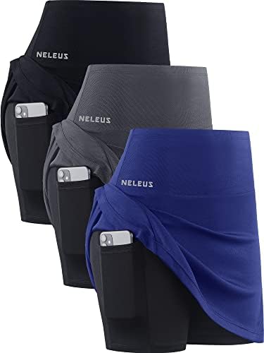 NELEUS Women's 2 in 1 Tennis Skirts with Pockets High Waisted Athletic Running Shorts Golf Skirt, Black/Grey/Blue, 3 Pack