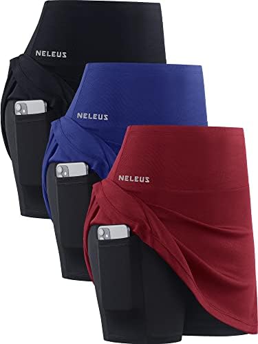 NELEUS Women's 2 in 1 Tennis Skirts with Pockets High Waisted Athletic Running Shorts Golf Skirt, Black/red/Blue, 3 Pack