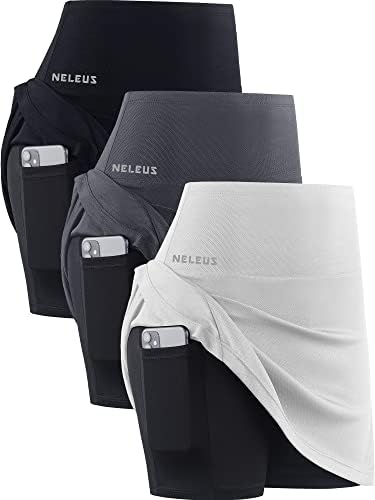 NELEUS Women's 2 in 1 Tennis Skirts with Pockets High Waisted Athletic Running Shorts Golf Skirt, Black/Grey/White, 3 Pack, Large