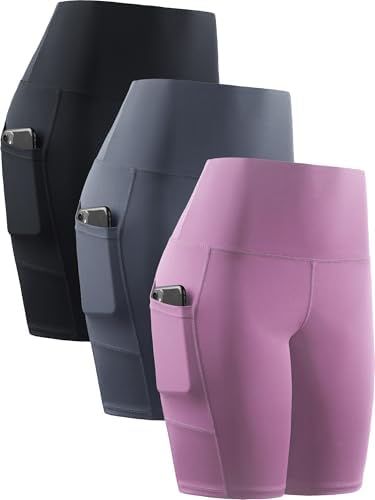 NELEUS Women's 3 Pack Biker Shorts High Waist Running Yoga Shorts with Pockets, 3 Pack, Black/Grey/Pink