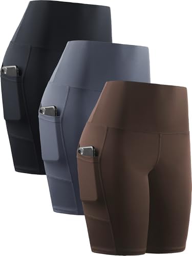 NELEUS Women's 3 Pack Biker Shorts High Waist Running Yoga Shorts with Pockets, 3 Pack, Black/Grey/Coffee
