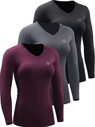 NELEUS Women's 3 Pack Compression Shirts Long Sleeve Yoga Athletic Running Shirts, V-Neck, Black/Grey/Red