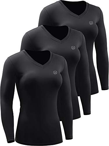 NELEUS Women's 3 Pack Compression Shirts Long Sleeve Yoga Athletic Running Shirts, V-Neck, Black/Black/Black