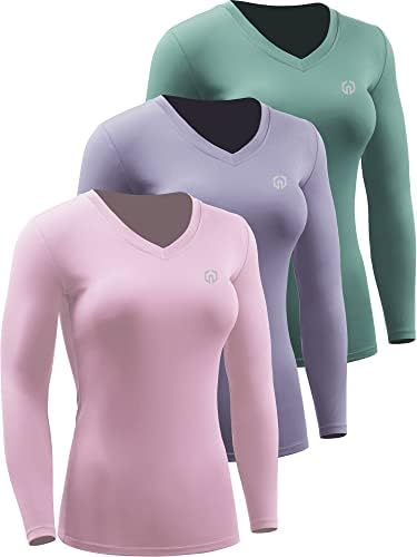 NELEUS Women's 3 Pack Compression Shirts Long Sleeve Yoga Athletic Running Shirts, V-Neck, Pink/Purple/Blackish Green