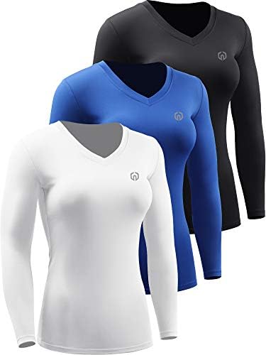 NELEUS Women's 3 Pack Compression Shirts Long Sleeve Yoga Athletic Running Shirts, V-Neck, Black/Blue/White