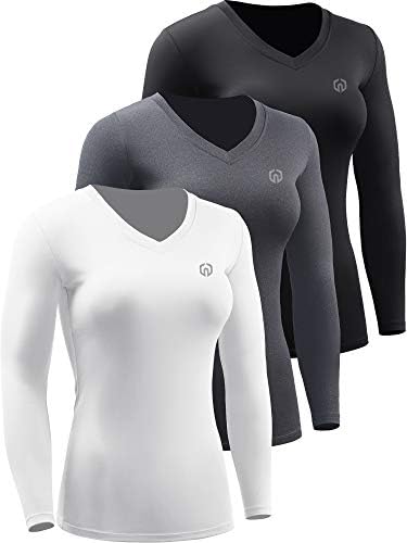 NELEUS Women's 3 Pack Compression Shirts Long Sleeve Yoga Athletic Running Shirts, V-Neck, Black/Grey/White