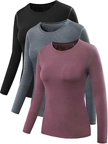 NELEUS Women's 3 Pack Dry Fit Athletic Compression Long Sleeve T Shirt, Black/Grey/Rosy Brown
