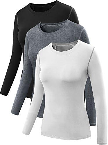 NELEUS Women's 3 Pack Dry Fit Athletic Compression Long Sleeve T Shirt, Black, Grey, White