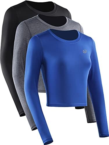 NELEUS Women's 3 Pack Running Crop Tops Long Sleeve Workout Athletic Compression Shirts, Black/Grey/Blue