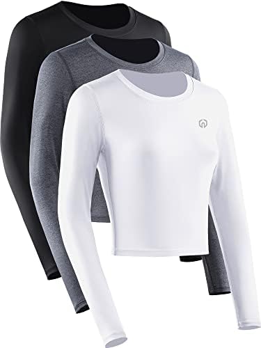 NELEUS Women's 3 Pack Running Crop Tops Long Sleeve Workout Athletic Compression Shirts, Black/Grey/White