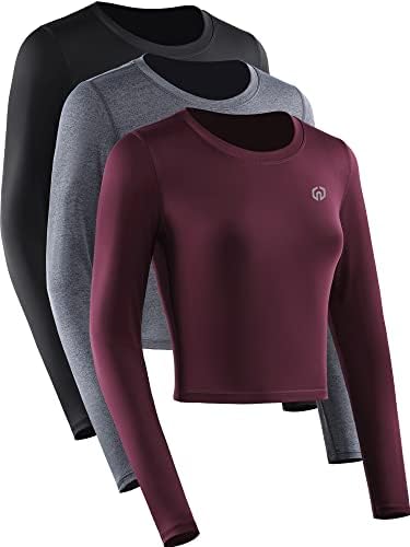 NELEUS Women's 3 Pack Running Crop Tops Long Sleeve Workout Athletic Compression Shirts, Black/Grey/red