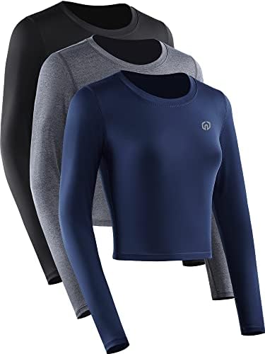 NELEUS Women's 3 Pack Running Crop Tops Long Sleeve Workout Athletic Compression Shirts, Black/Grey/Navy Blue