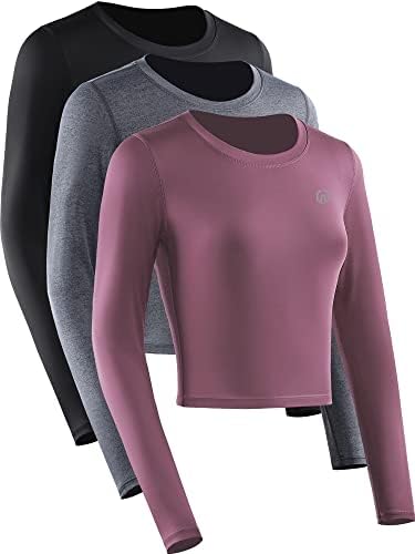 NELEUS Women's 3 Pack Running Crop Tops Long Sleeve Workout Athletic Compression Shirts, Black/Grey/Rose red, Large