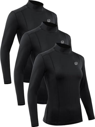 NELEUS Women's 3 Pack Stand Collar Quick Dry Hiking Compression Long Sleeve Athletic Shirts, Black/Black/Black