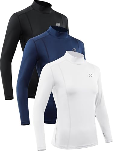 NELEUS Women's 3 Pack Stand Collar Quick Dry Hiking Compression Long Sleeve Athletic Shirts, Black/Navy Blue/White