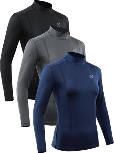 NELEUS Women's 3 Pack Stand Collar Quick Dry Hiking Compression Long Sleeve Athletic Shirts, Black/Grey/Navy Blue